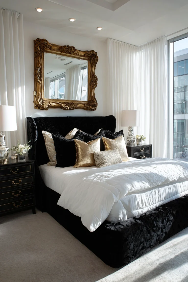black white and gold bedroom 1