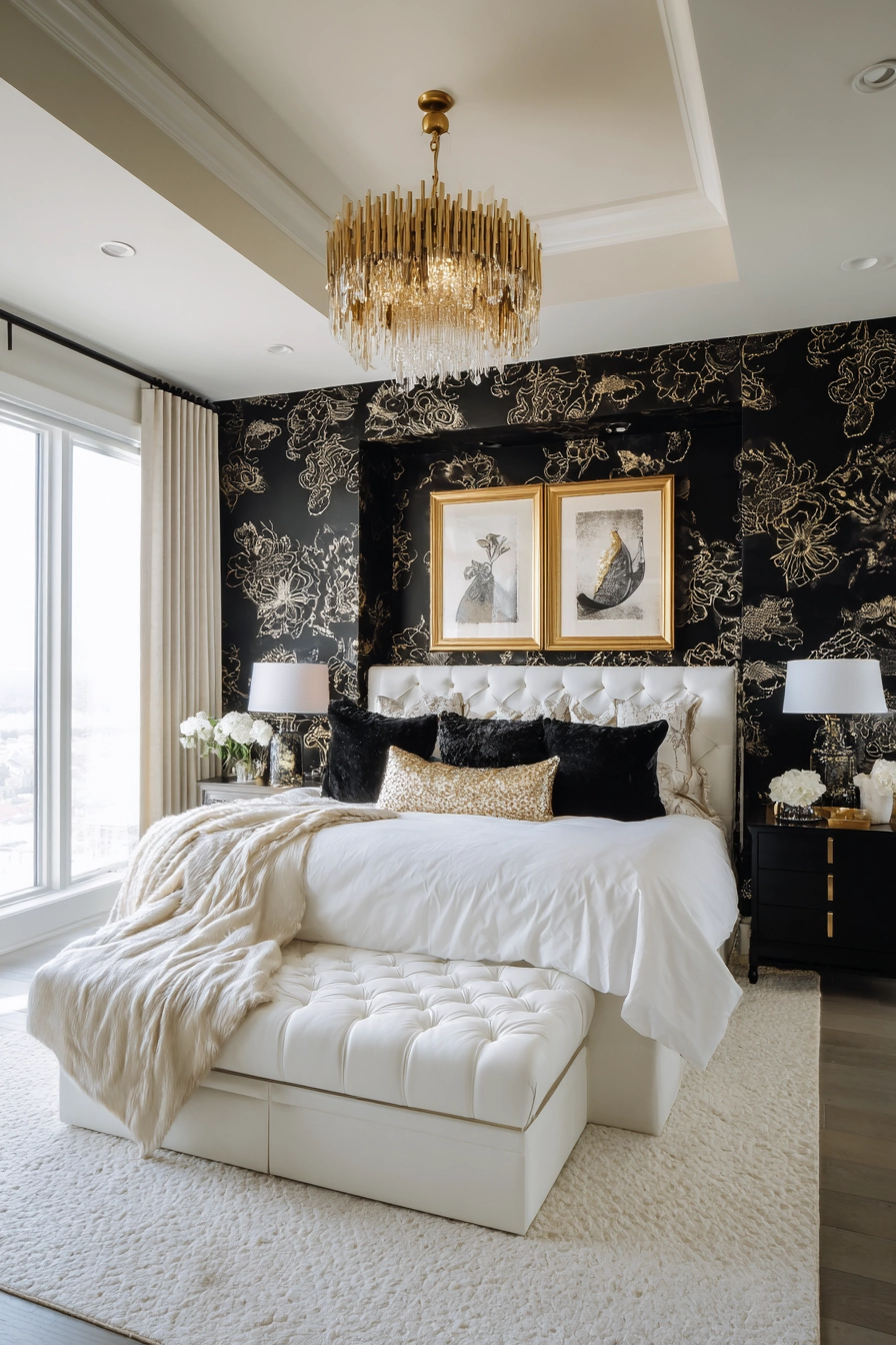 black white and gold bedroom 10