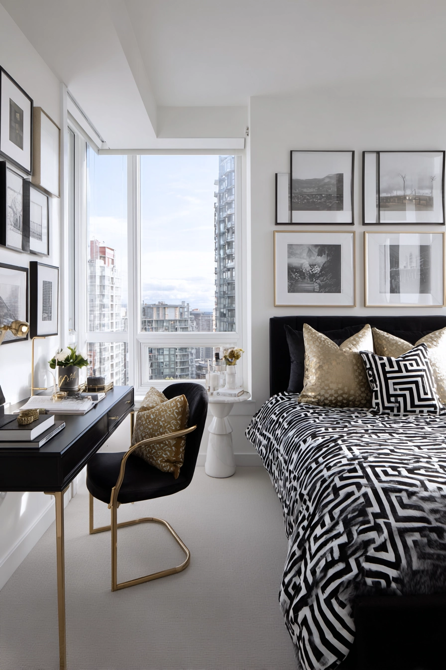 black white and gold bedroom 15