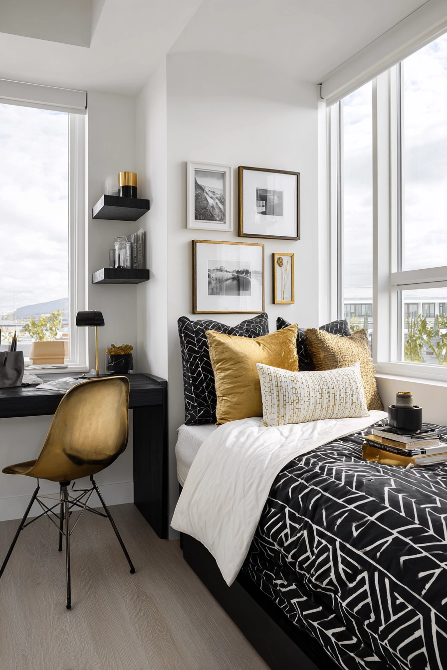 black white and gold bedroom 16