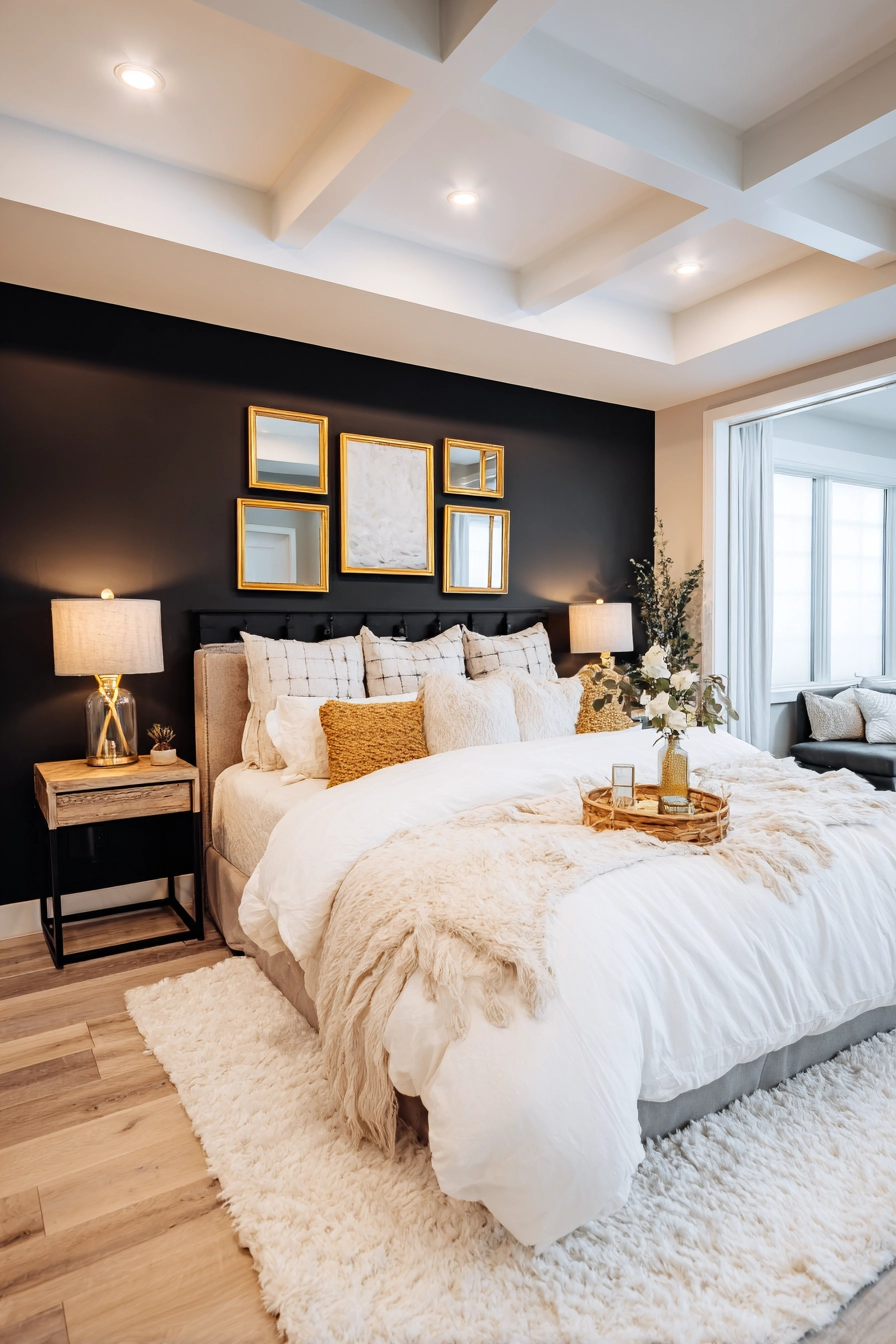 black white and gold bedroom 17