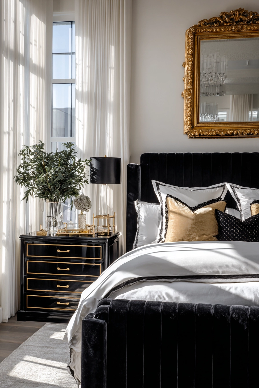 black white and gold bedroom 2