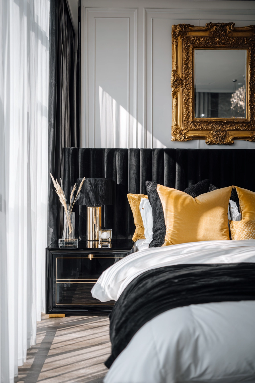 black white and gold bedroom 3