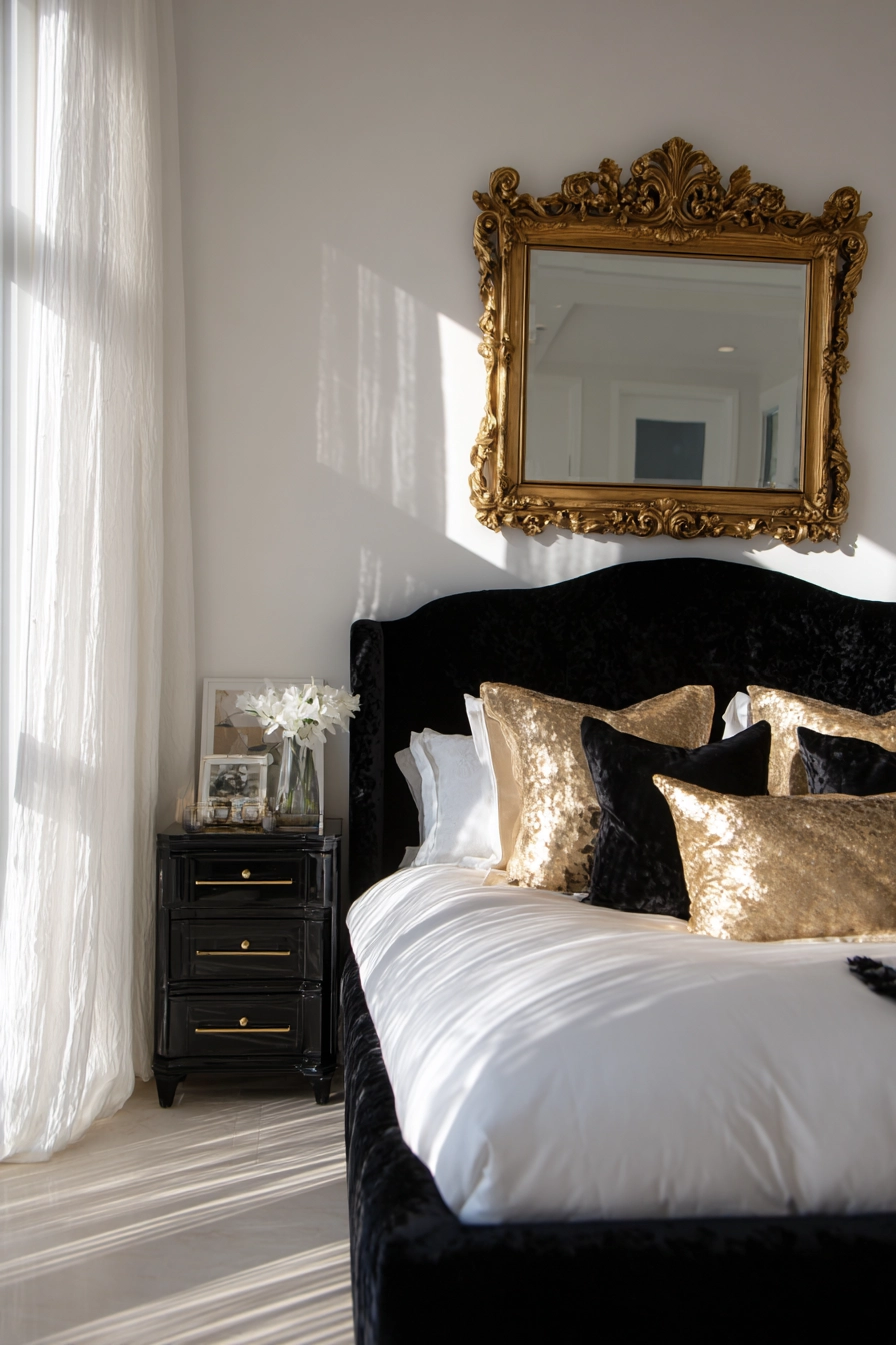 black white and gold bedroom 4
