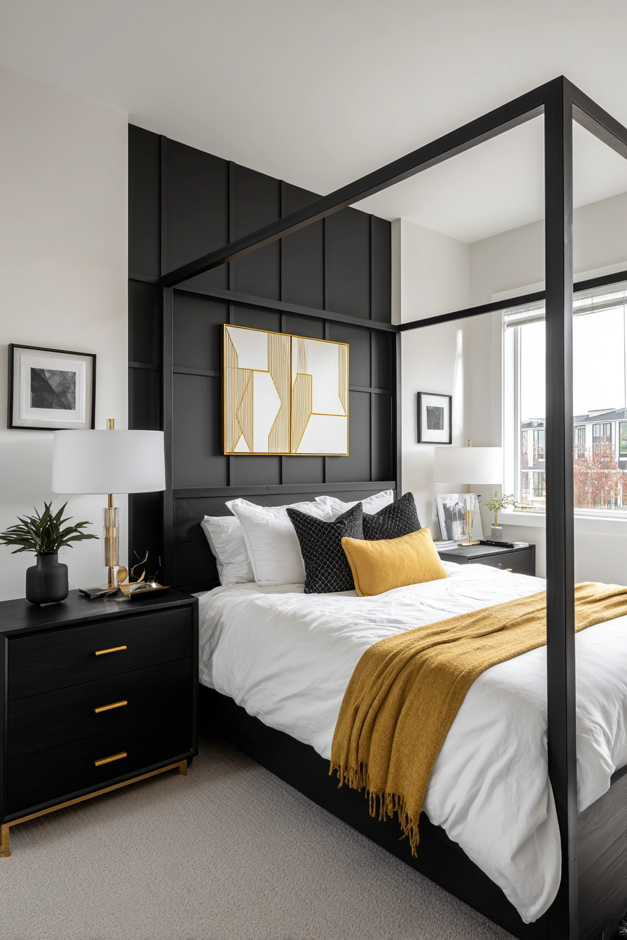 black white and gold bedroom 8