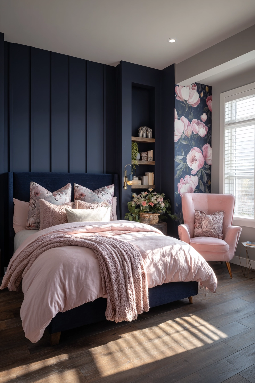 navy blue and pink bedroom 11