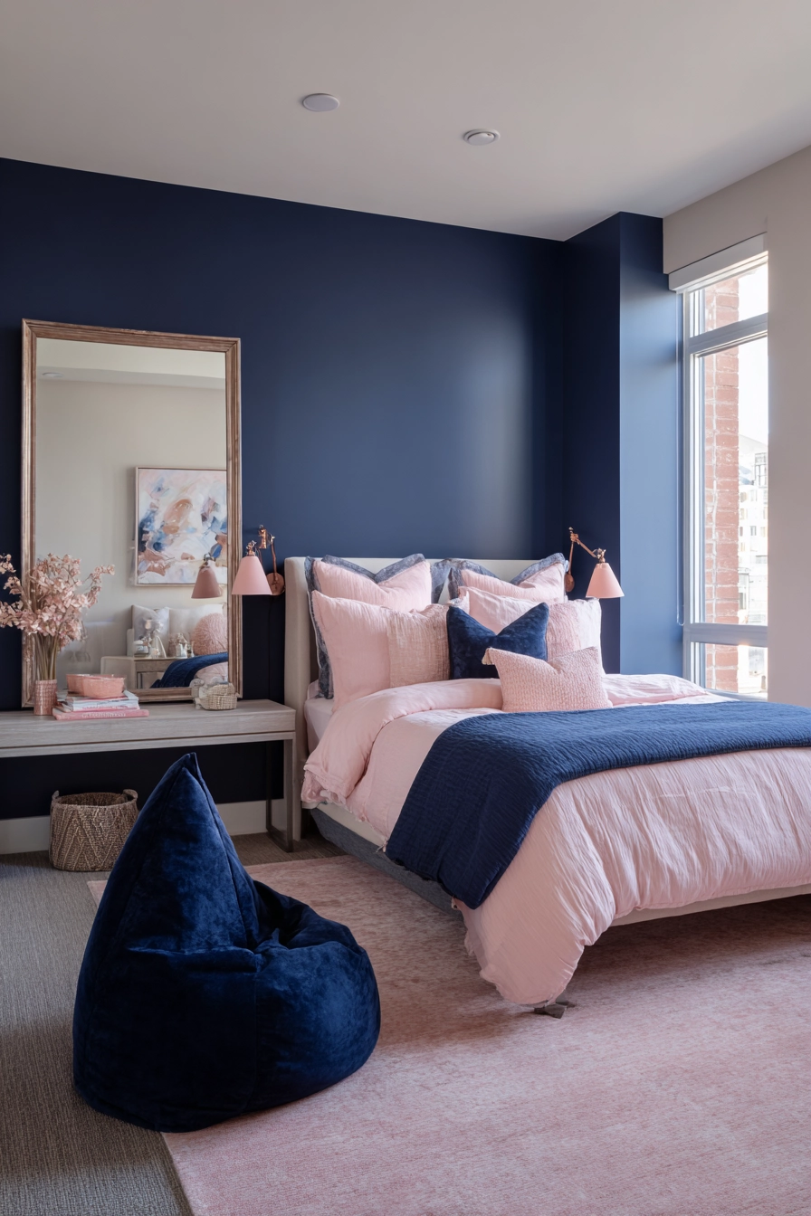 navy blue and pink bedroom 13