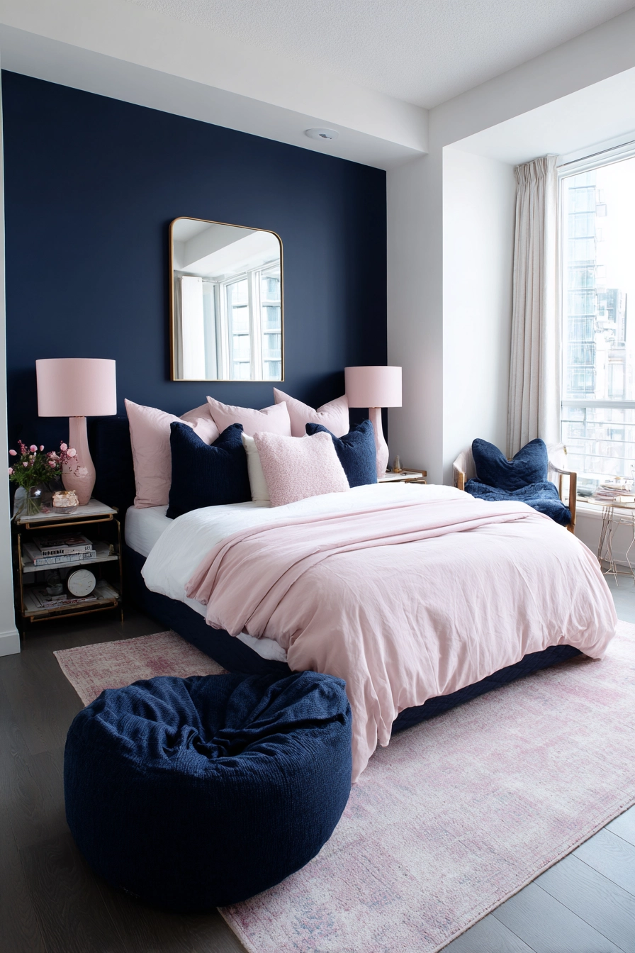 navy blue and pink bedroom 14