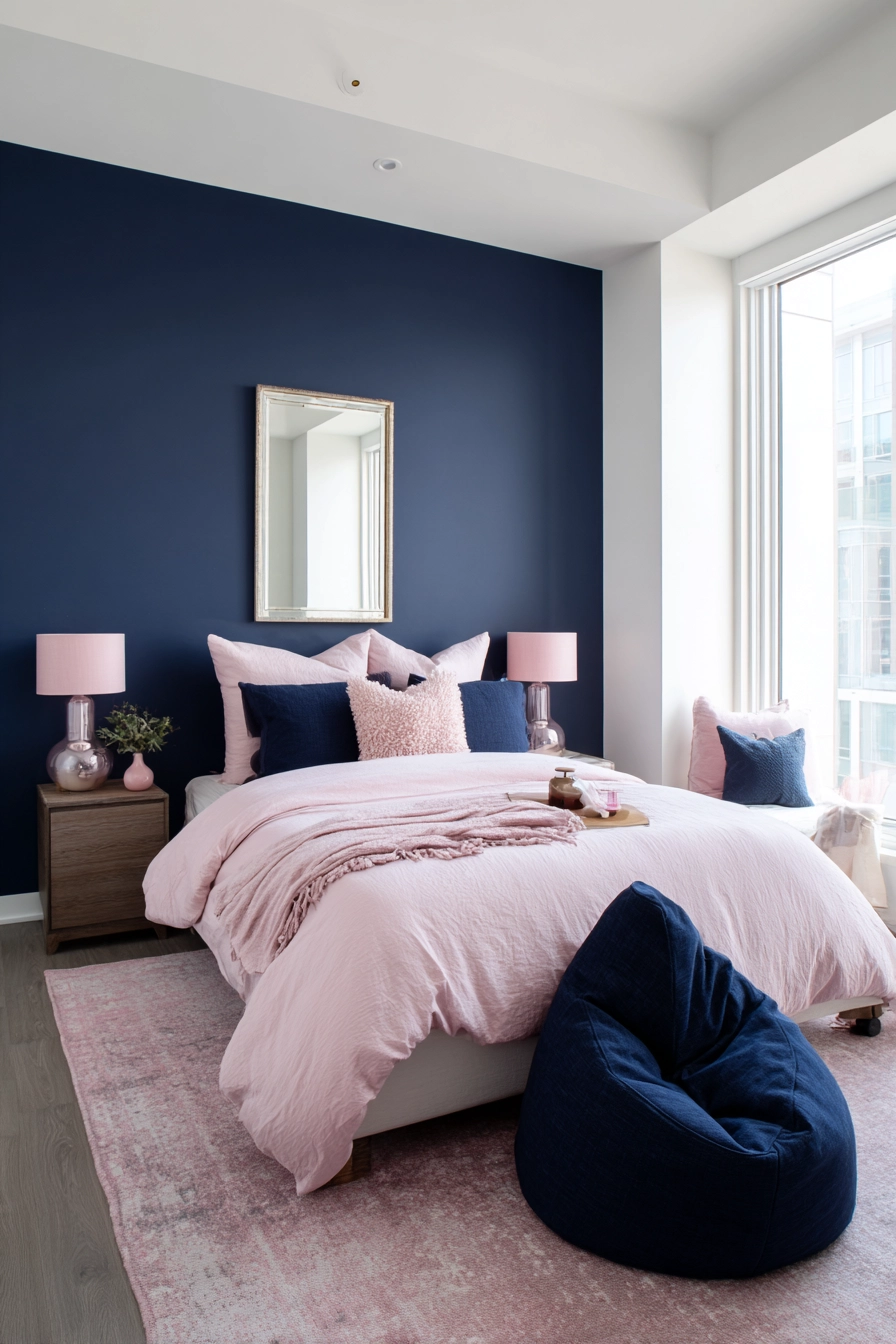 navy blue and pink bedroom 15