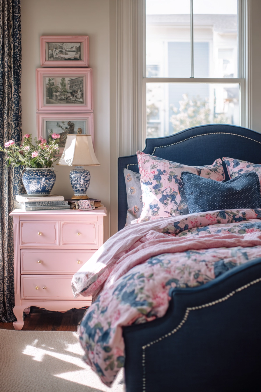 navy blue and pink bedroom 17