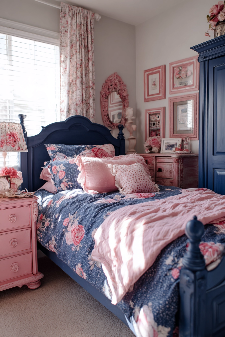 navy blue and pink bedroom 18