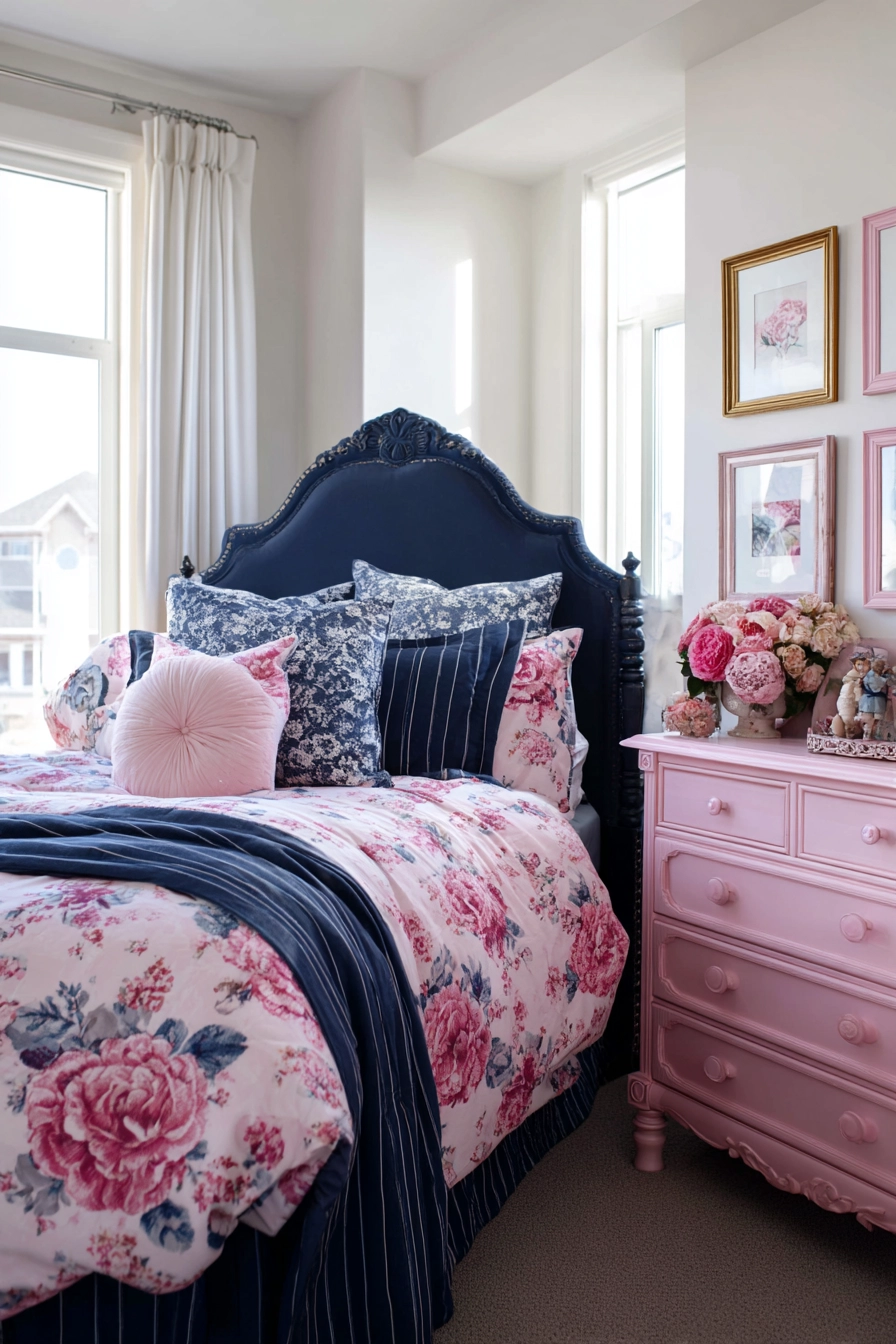 navy blue and pink bedroom 19
