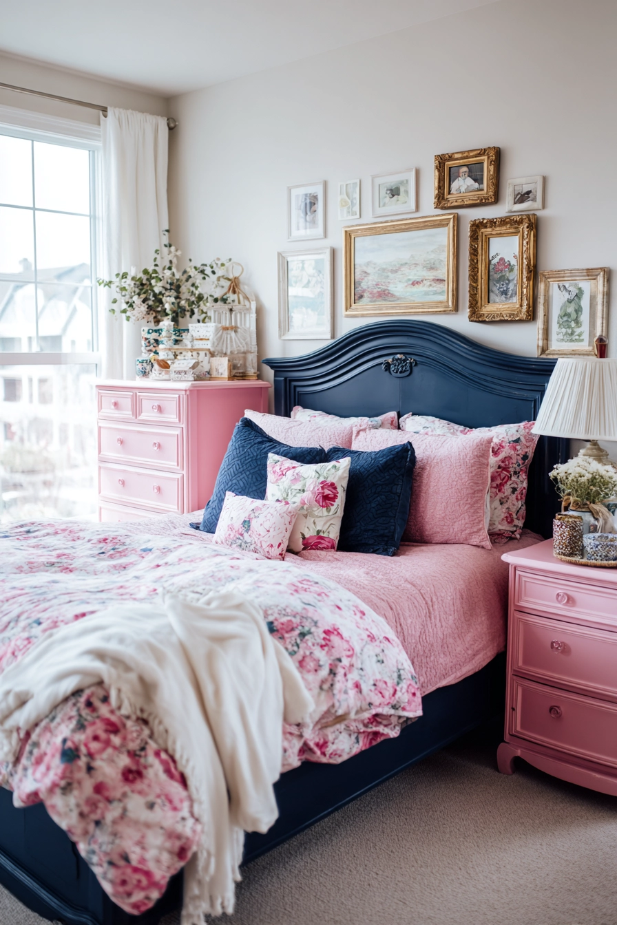 navy blue and pink bedroom 20