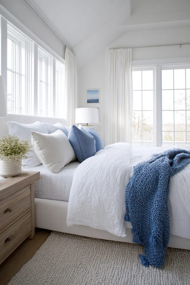 white bedroom with blue accents 1