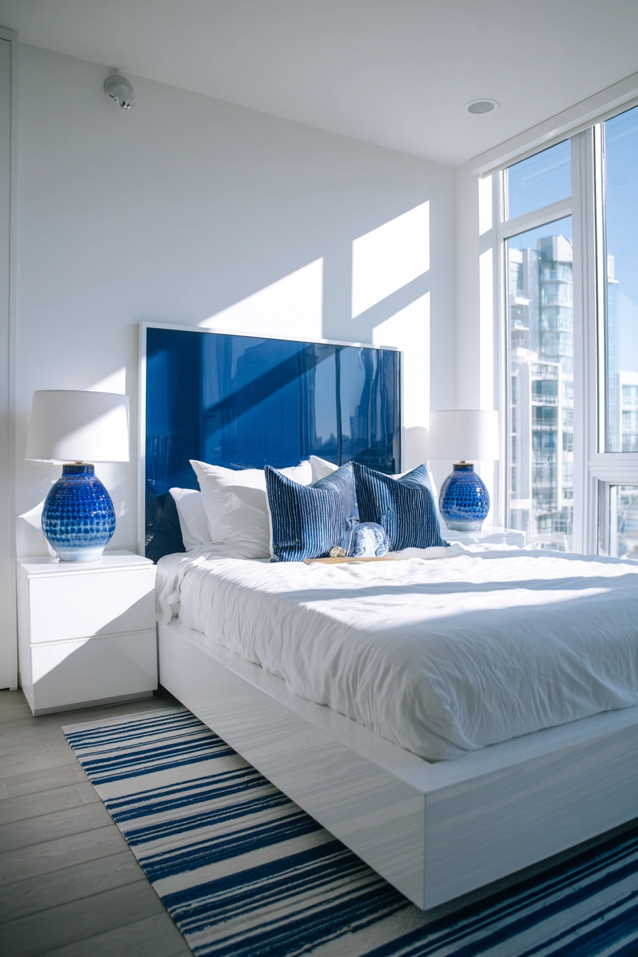 white bedroom with blue accents 14