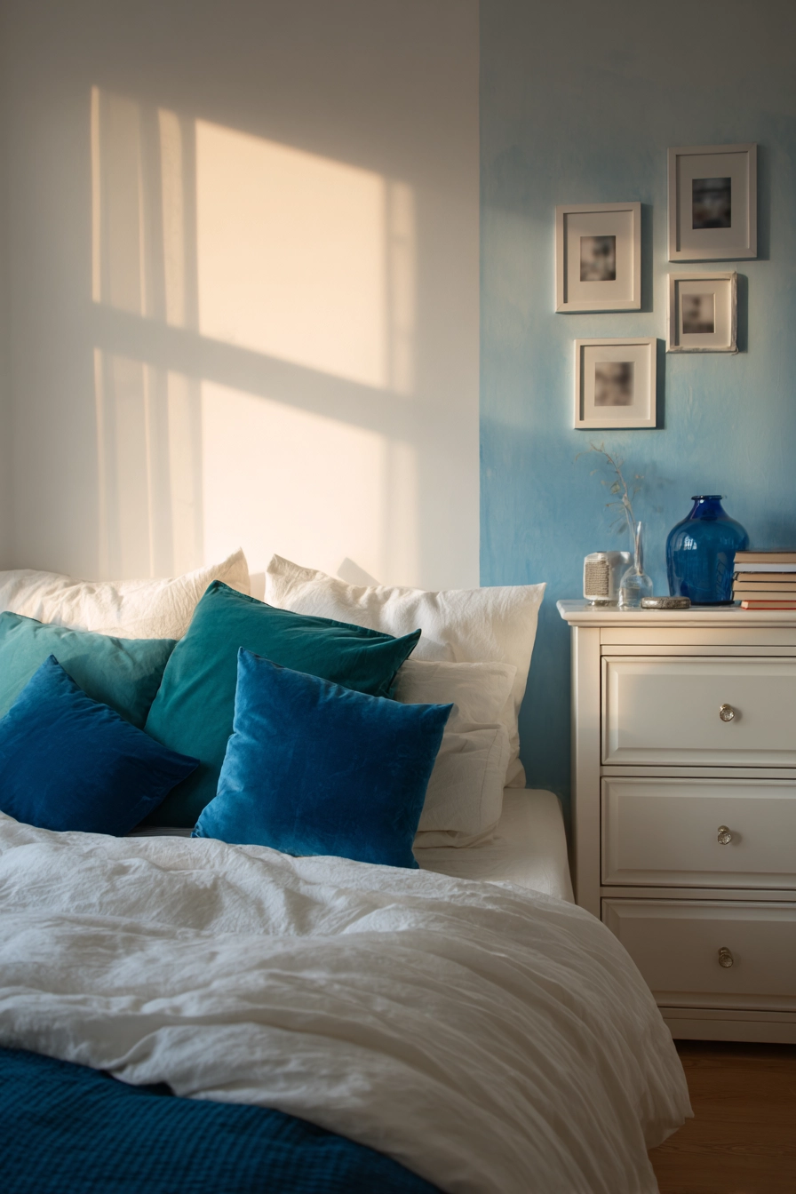 white bedroom with blue accents 17