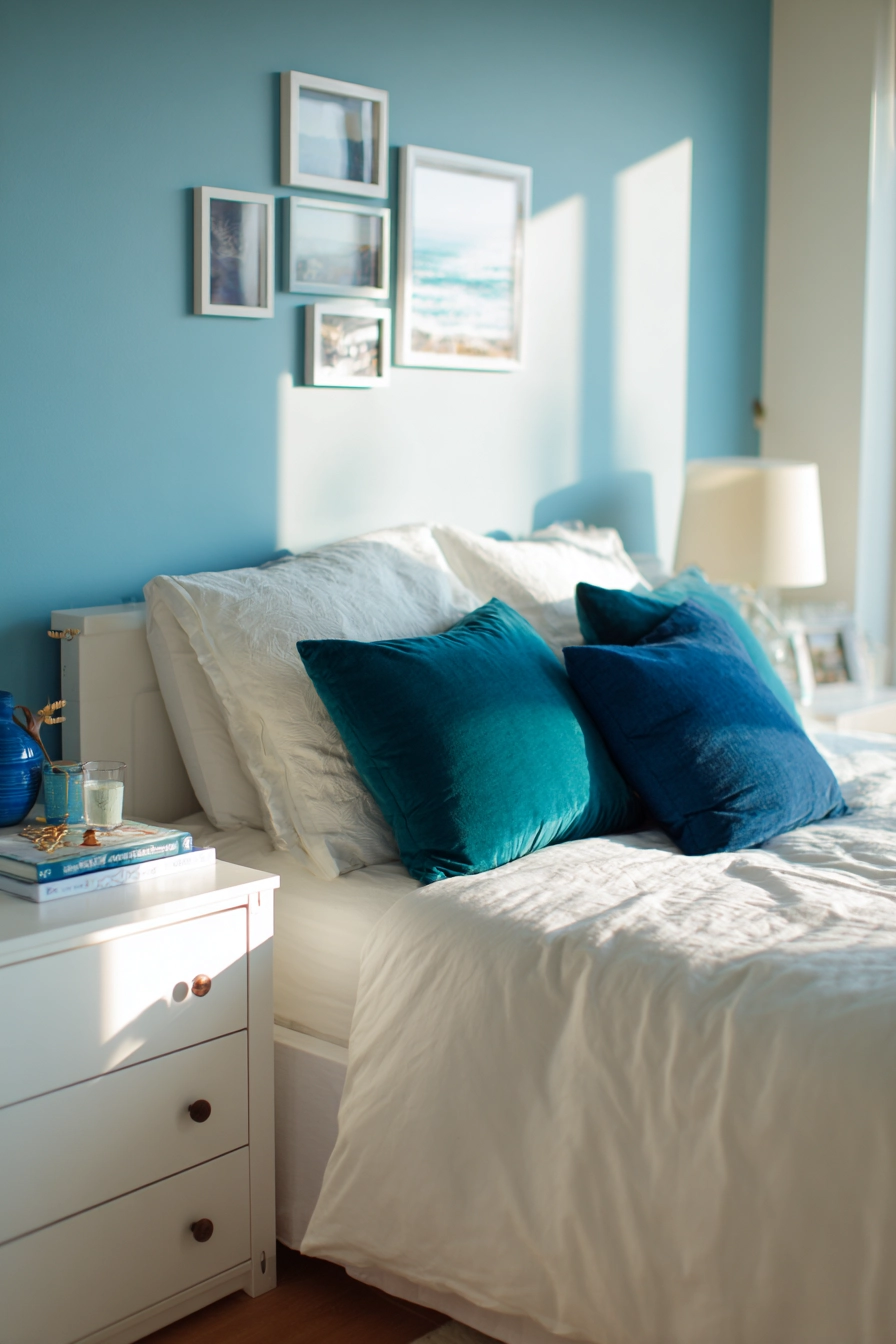 white bedroom with blue accents 18