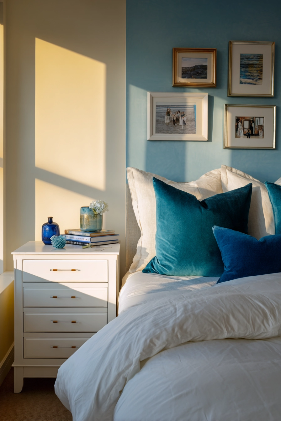white bedroom with blue accents 19