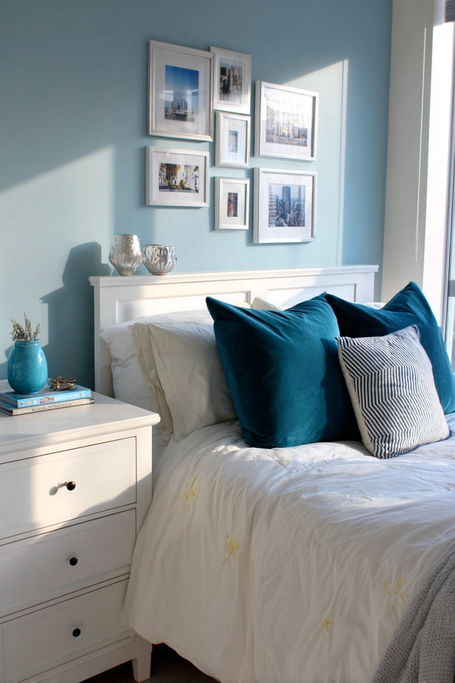 white bedroom with blue accents 20