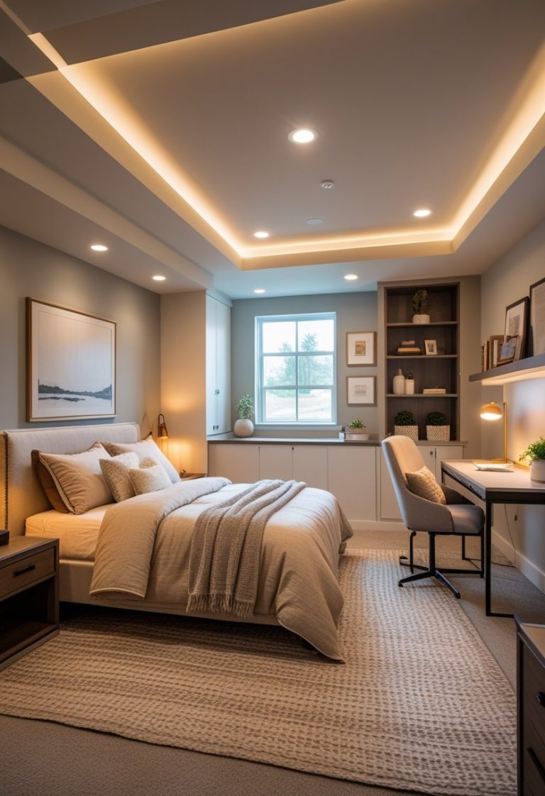 A basement bedroom with a queen-sized bed, nightstand with lamp, window near the ceiling, armchair, and built-in shelves.
