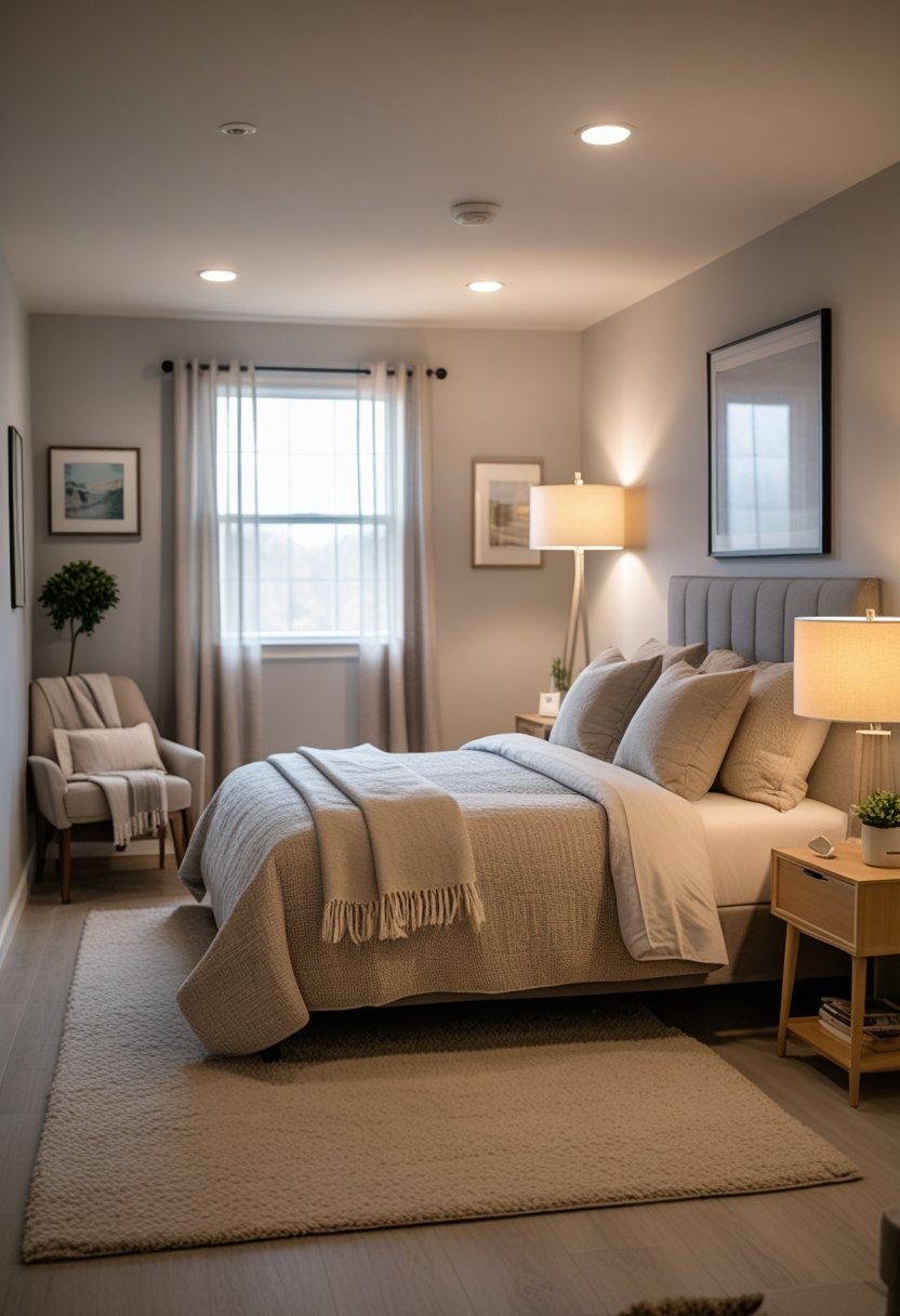 A cozy basement bedroom with a comfortable bed, soft lighting, and simple furniture including a nightstand, armchair, and dresser.