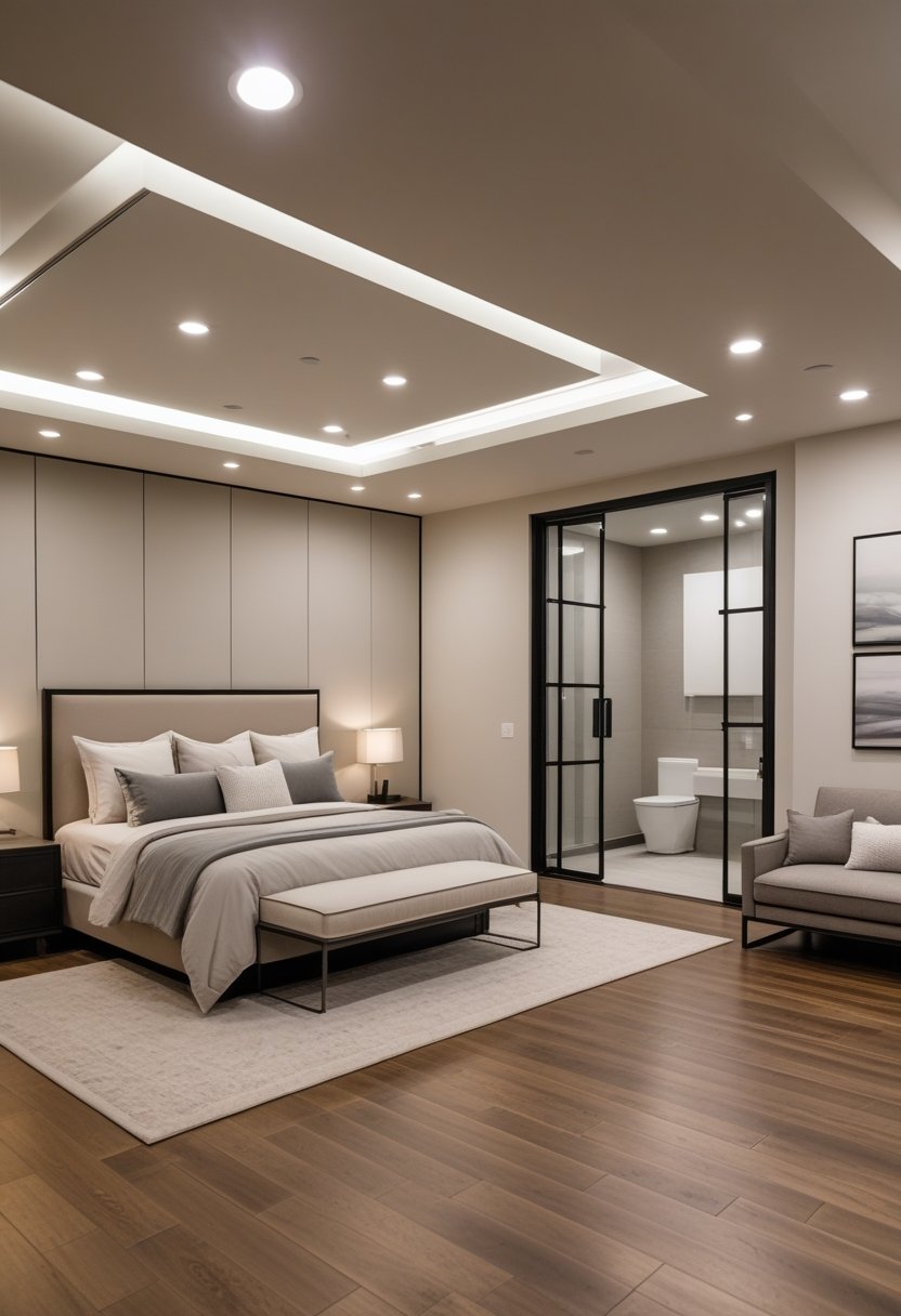 A spacious basement bedroom with a large bed, seating area, and an en-suite bathroom in the background.