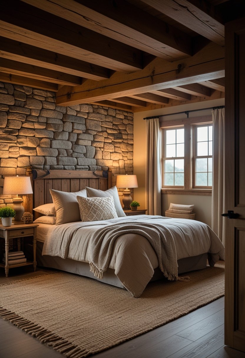 A basement bedroom with a bed, wooden beams, stone walls, soft lighting, and a small nightstand with a plant and books.