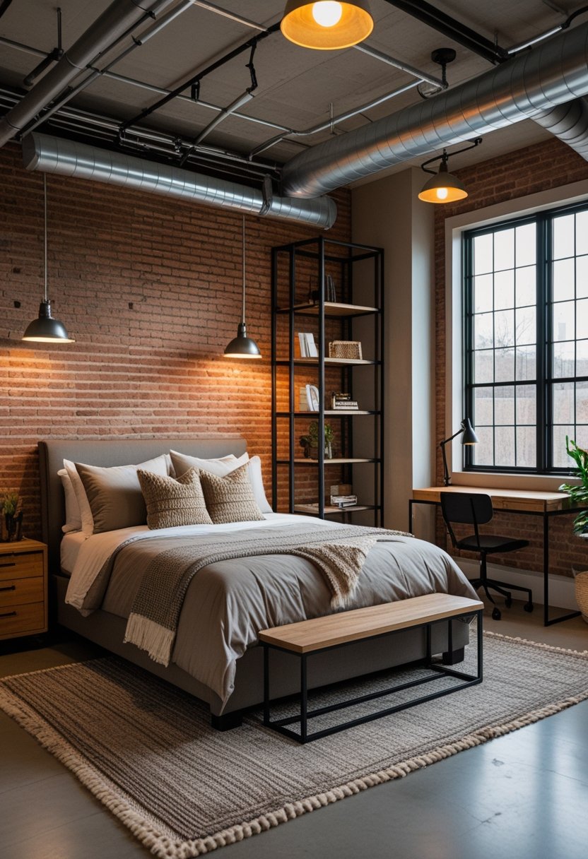 A basement bedroom with exposed brick walls, a large bed, industrial lighting, a bookshelf, a desk near a window, and polished concrete floors.