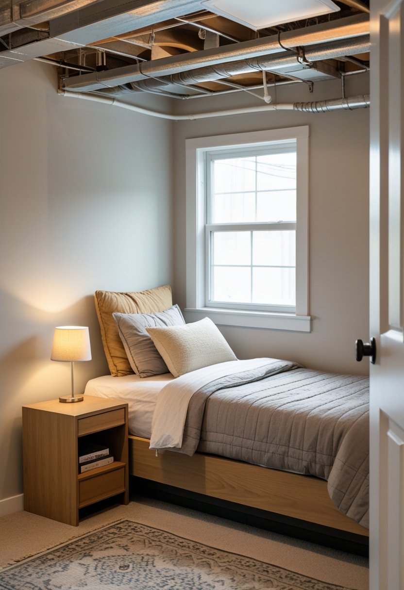 Small basement bedroom with a single bed, nightstand, lamp, and a small window near the ceiling.