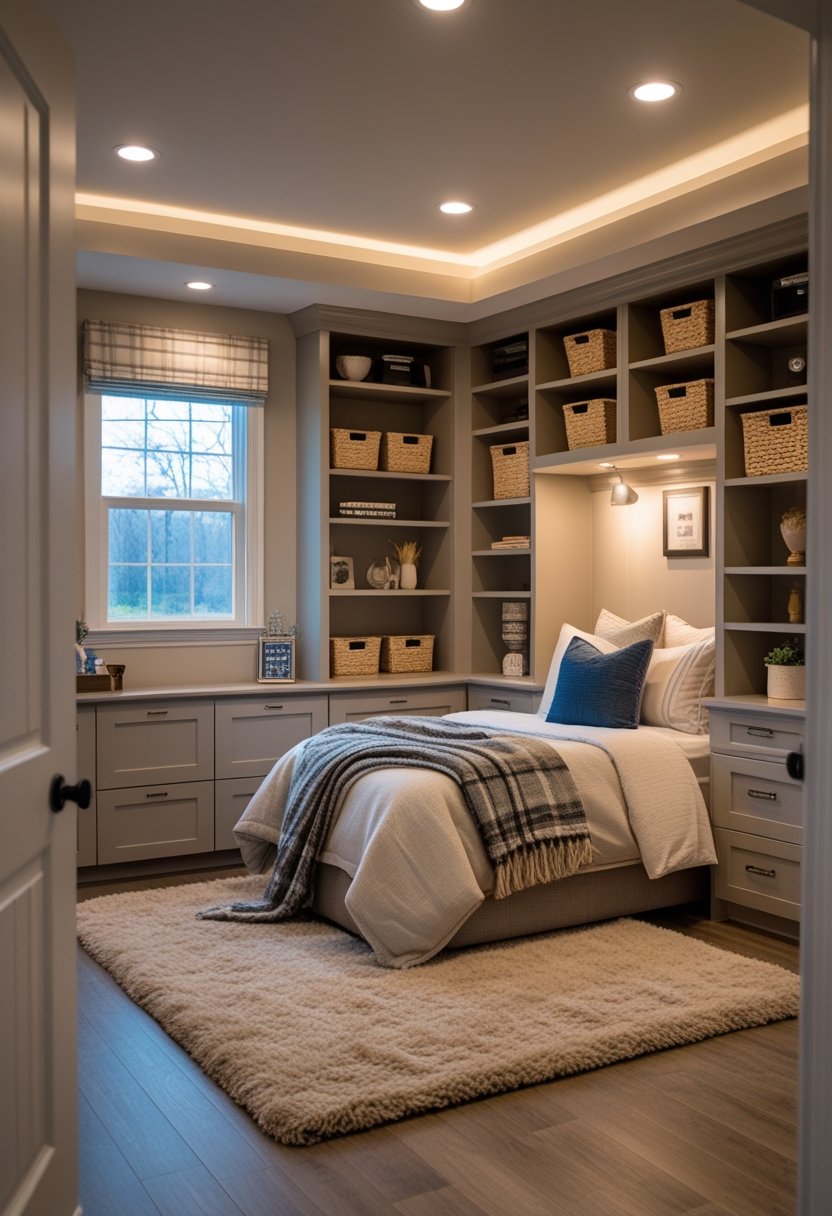 A finished basement bedroom with built-in shelves and cabinetry, a bed, and warm lighting.