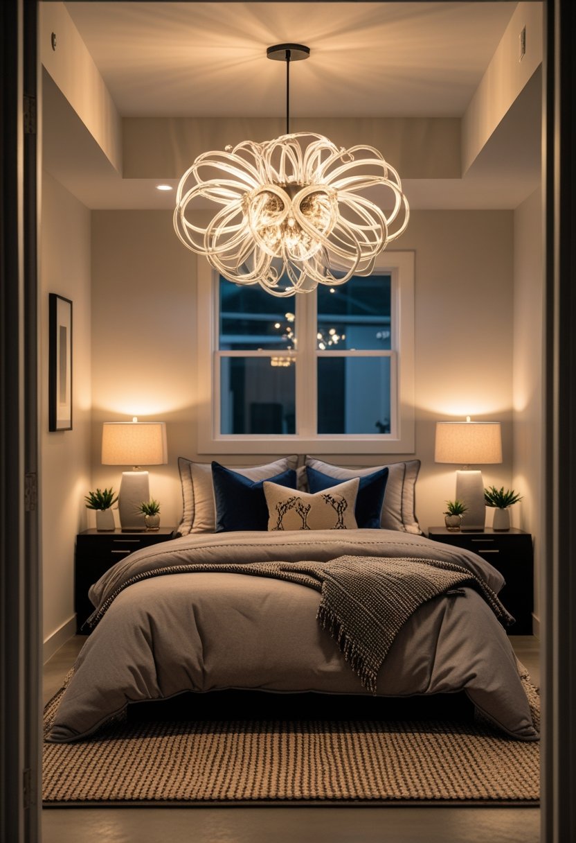 A basement guest bedroom with a bed, statement lighting fixture, bedside tables, and warm ambient lighting.