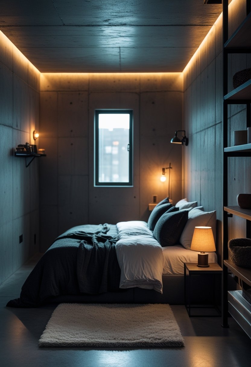 A dark basement bedroom with a bed, warm lighting, concrete walls, and industrial-style decor.