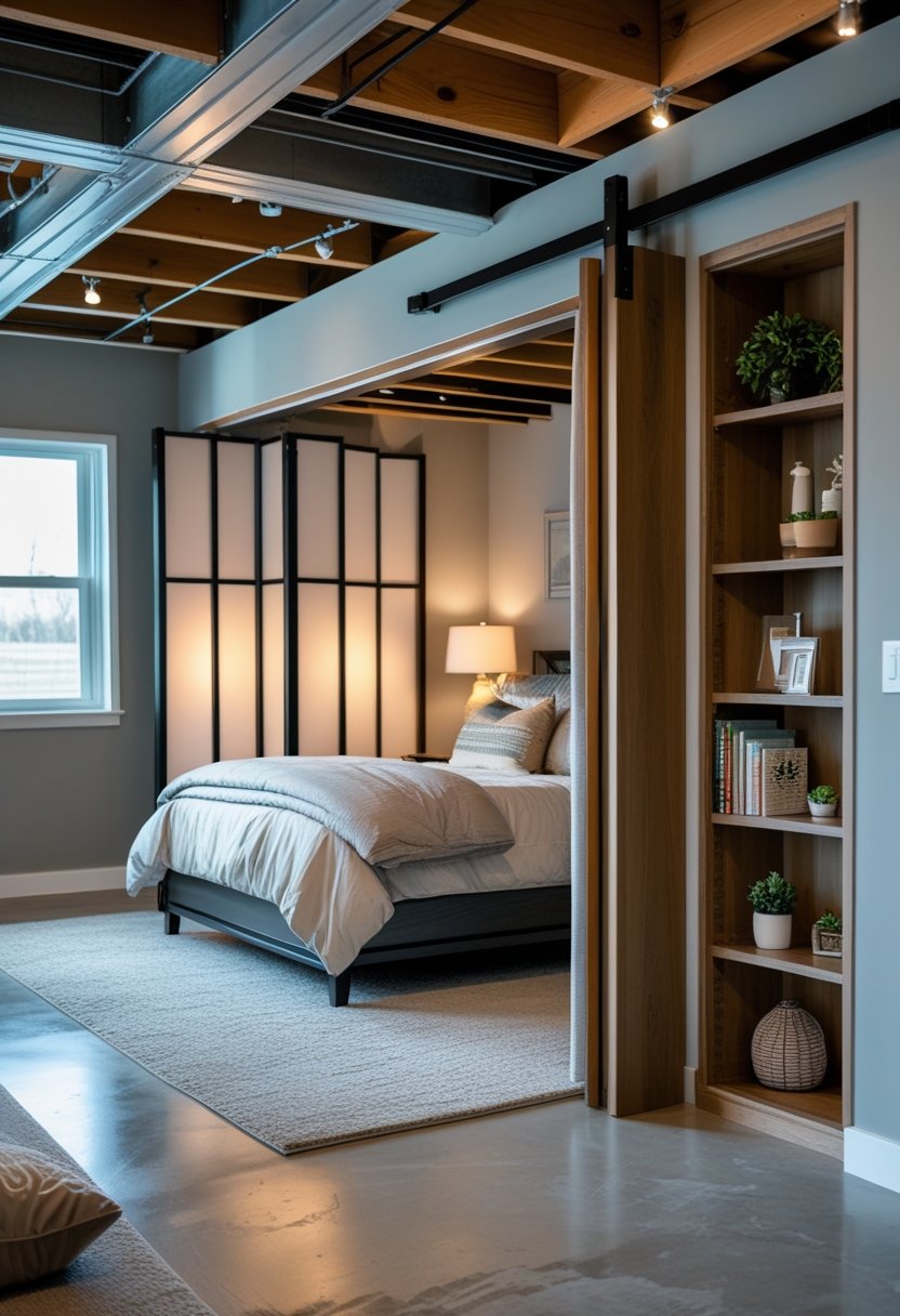 A basement bedroom separated from the rest of the space by a stylish room divider, featuring a bed, lamps, and cozy decor.