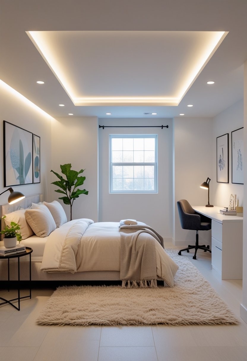 A basement bedroom with a bed, bedside table, soft lighting, a small window, and a compact workspace.