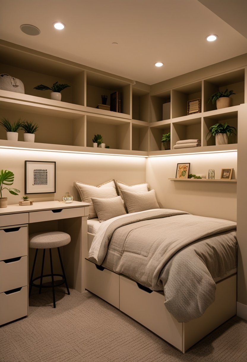 A basement bedroom with a bed, built-in shelves, drawers, and under-bed storage, featuring a small desk and seating area.