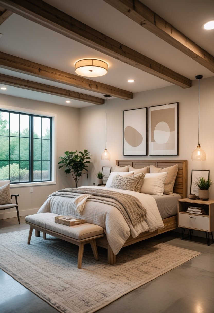 A basement bedroom with a bed, wooden furniture, soft lighting, a window, and a cozy reading corner.