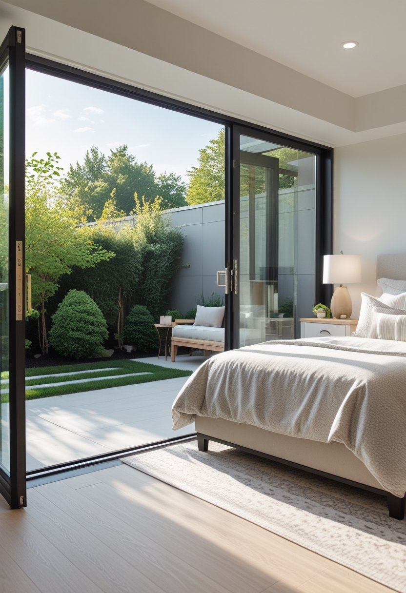 A basement bedroom with large glass doors opening directly to an outdoor patio and garden area.