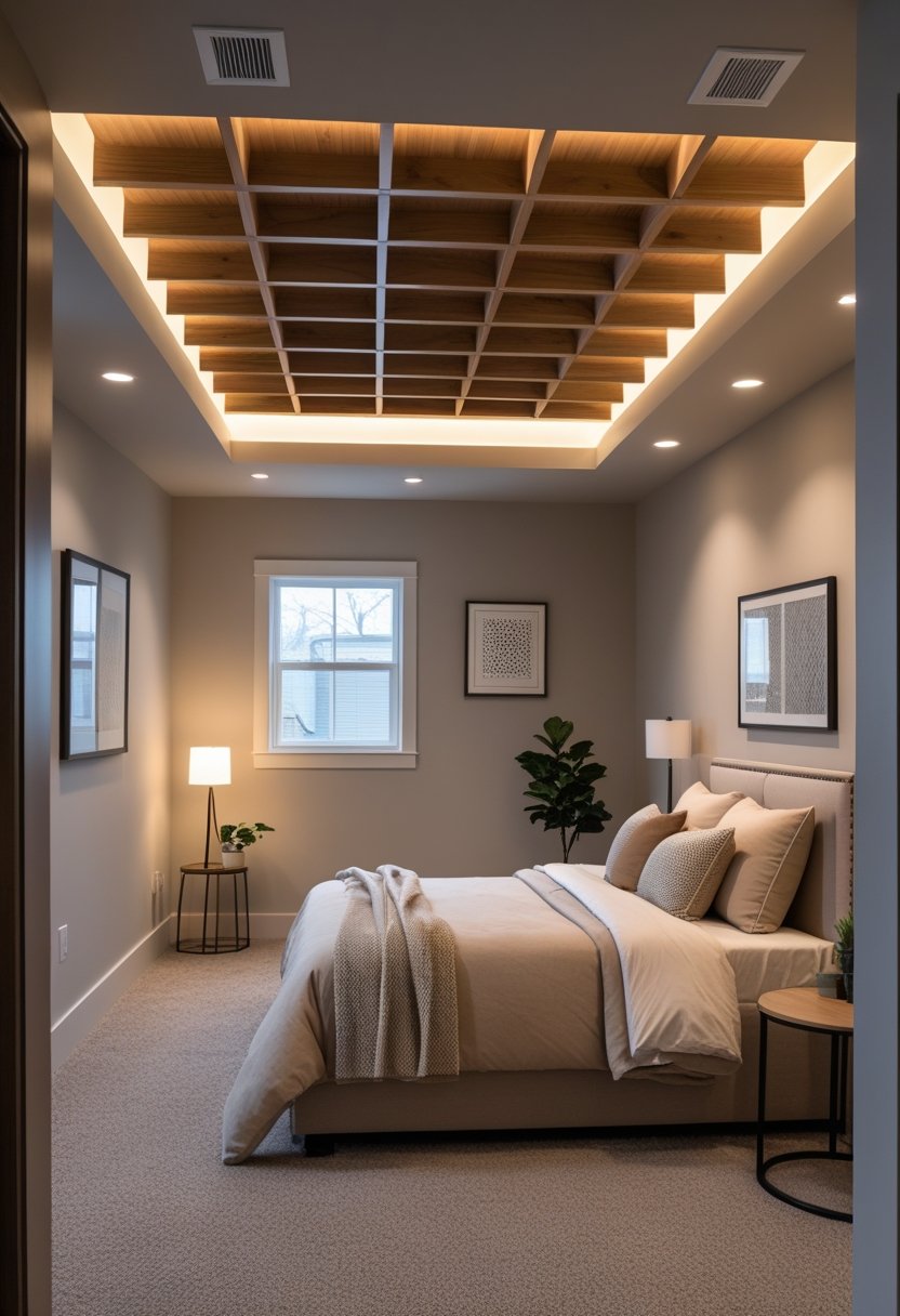 A basement bedroom with a bed, accent ceiling, bedside table, lamp, and natural light coming through a small window.