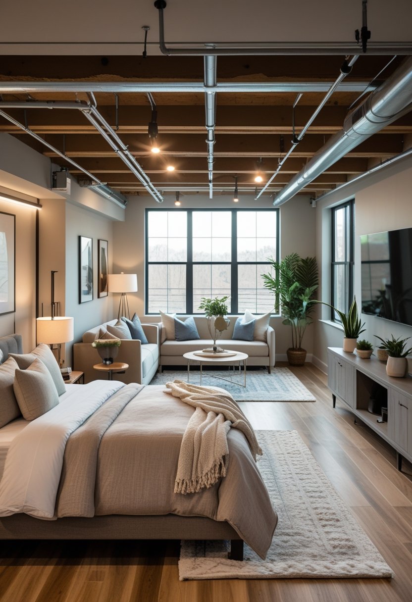 A basement bedroom with a bed, sofa, coffee table, large windows, and decorative plants in an open living space.