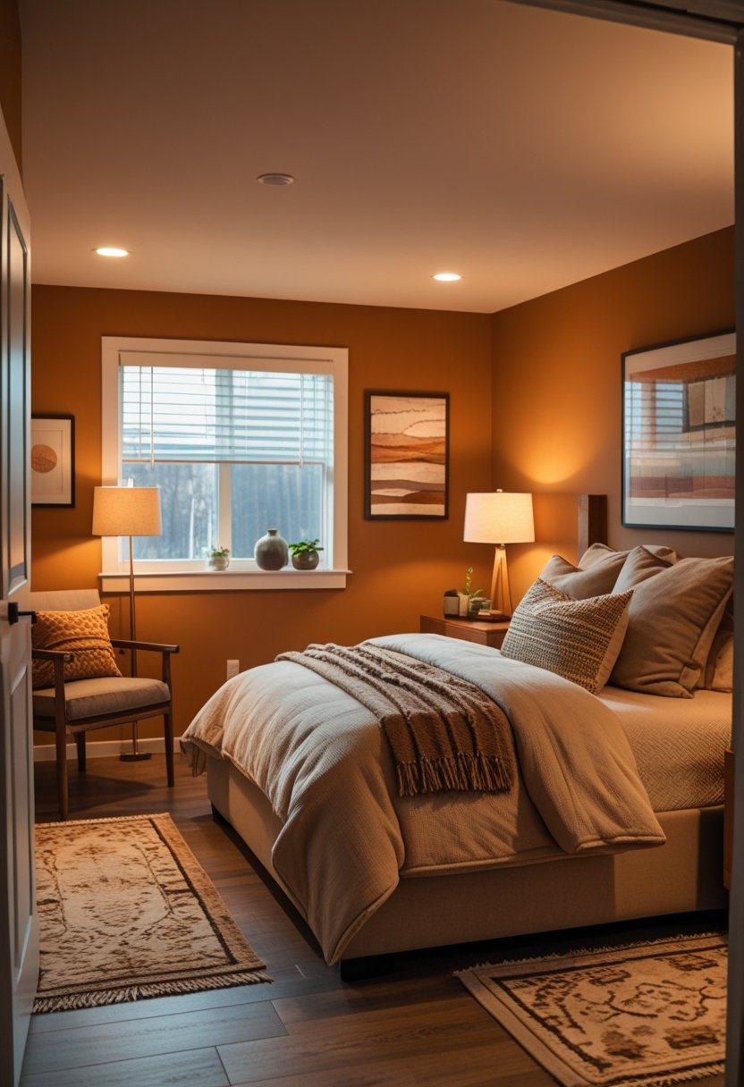 A basement bedroom with a bed, nightstand, warm lighting, and cozy decor.