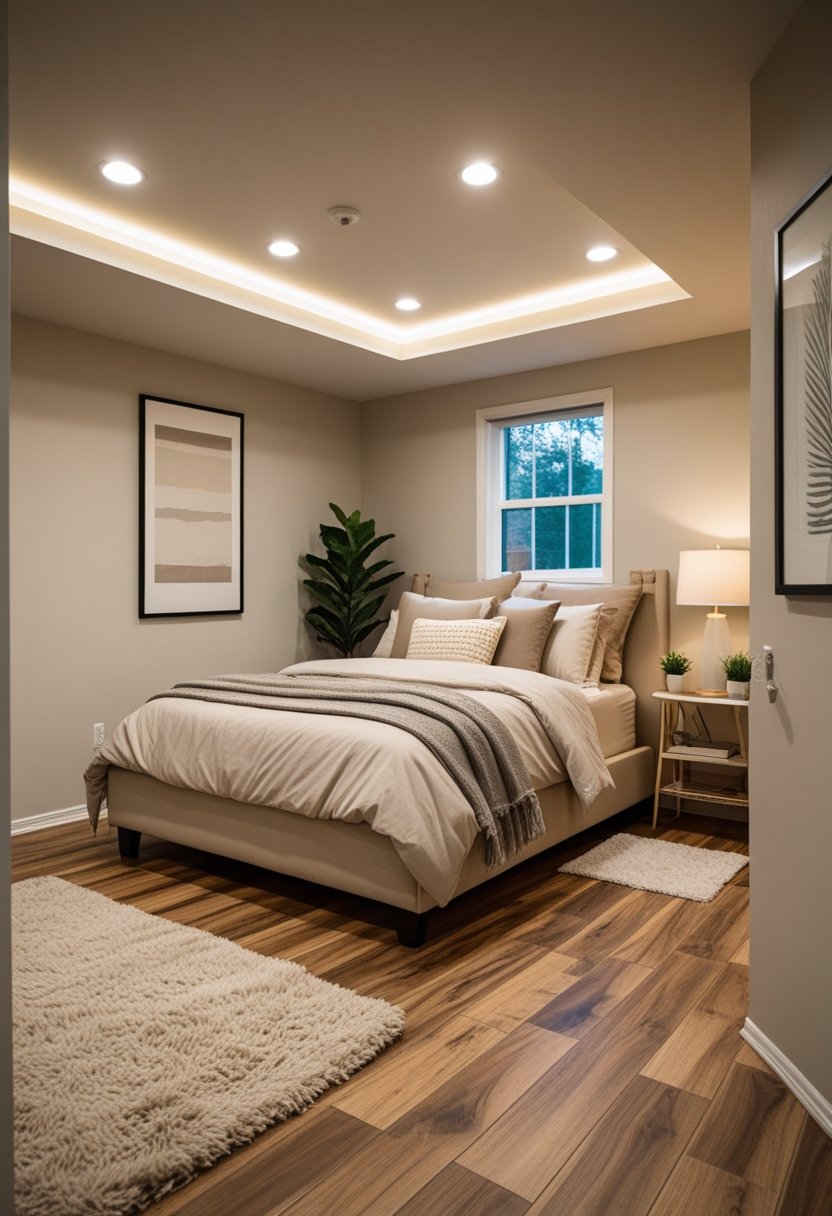 A basement bedroom with wood-look flooring, a bed, bedside table with lamp, and a small window letting in natural light.