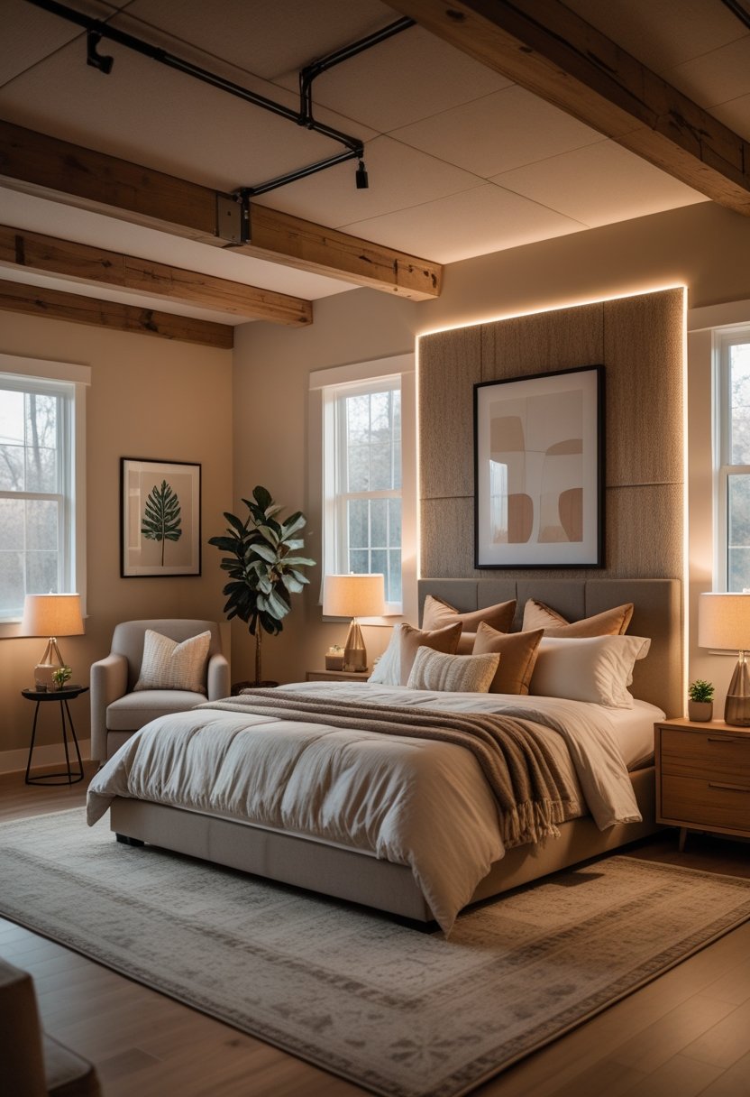A cozy basement bedroom with a queen-sized bed, nightstands with lamps, a seating area, and natural light coming from high windows.
