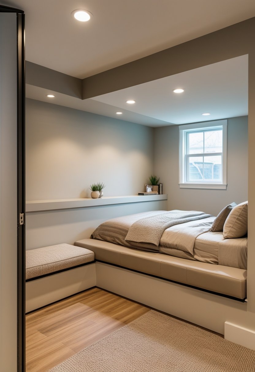 A basement bedroom with a bed next to a half-wall ledge, decorated with a plant and books, and natural light coming from a window near the ceiling.