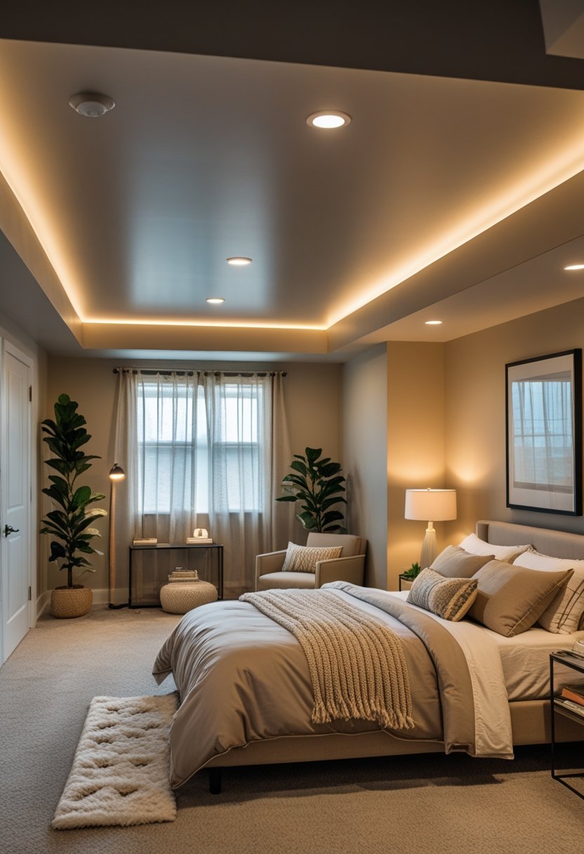A cozy basement bedroom with a bed, bedside table, lamp, window with curtains, and a small seating area with a plant.