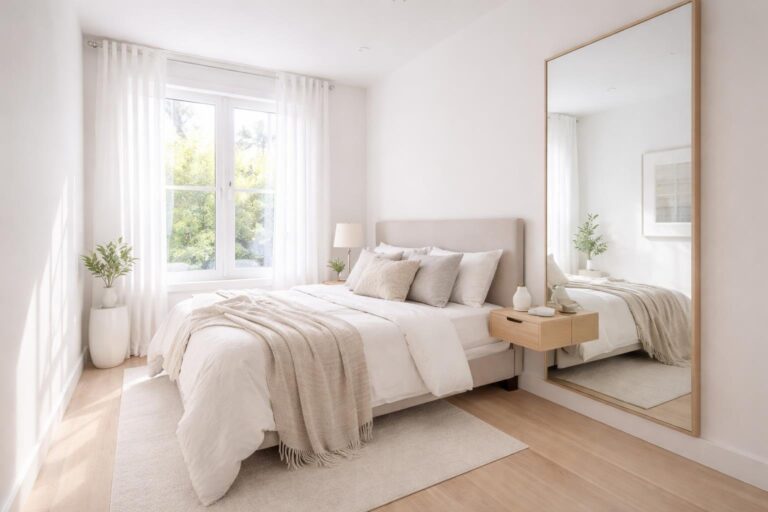 A small bedroom with light walls, large windows, a bed, a wall mirror, and minimal furniture creating an open and spacious feel.