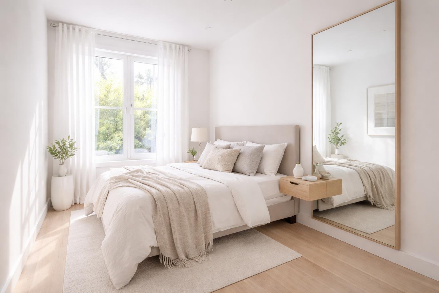 A small bedroom with light walls, large windows, a bed, a wall mirror, and minimal furniture creating an open and spacious feel.
