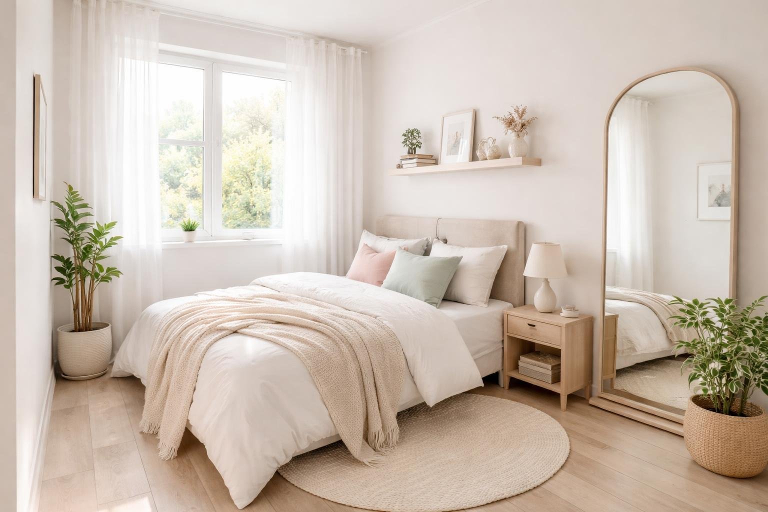 A small bedroom with light walls, natural light from large windows, minimalist furniture, a large mirror, and plants, creating a bright and spacious feel.
