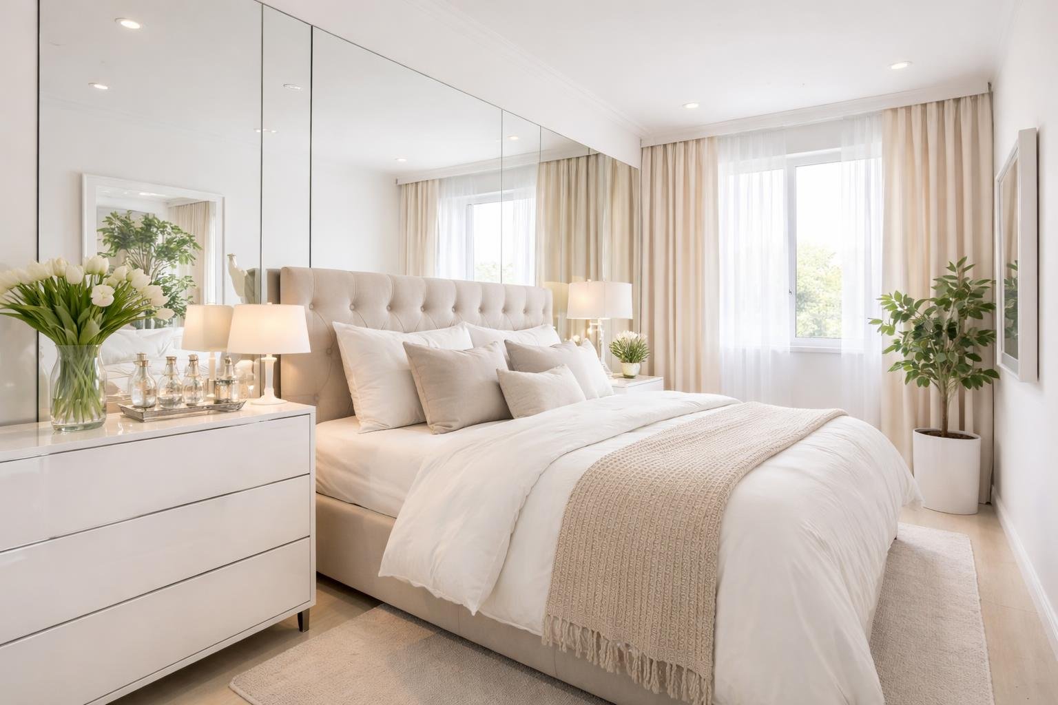 A small bedroom with a bed, a large wall mirror, and reflective furniture that make the space appear larger and brighter.