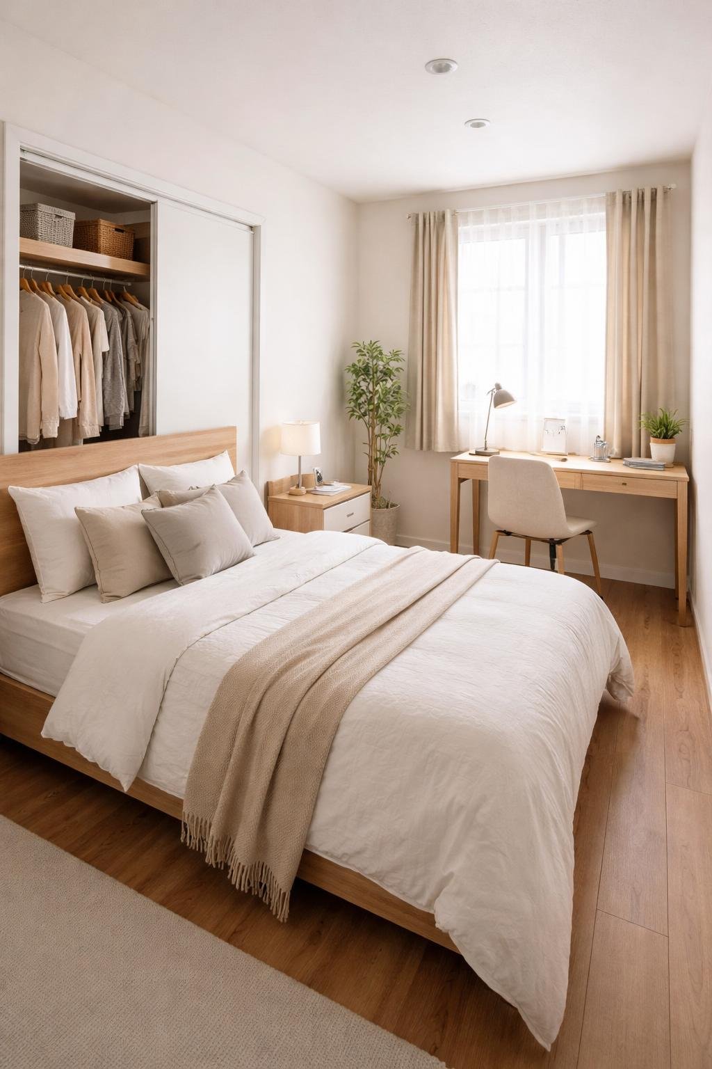 Small bedroom with a bed, closet, and desk arranged efficiently to maximize space.