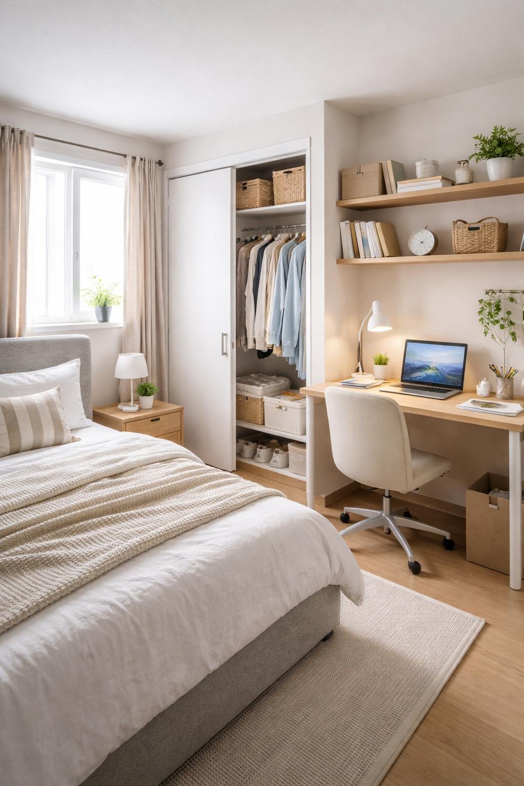 Small bedroom with a bed, closet, and desk arranged efficiently to maximize space, featuring a laptop and natural light from a window.